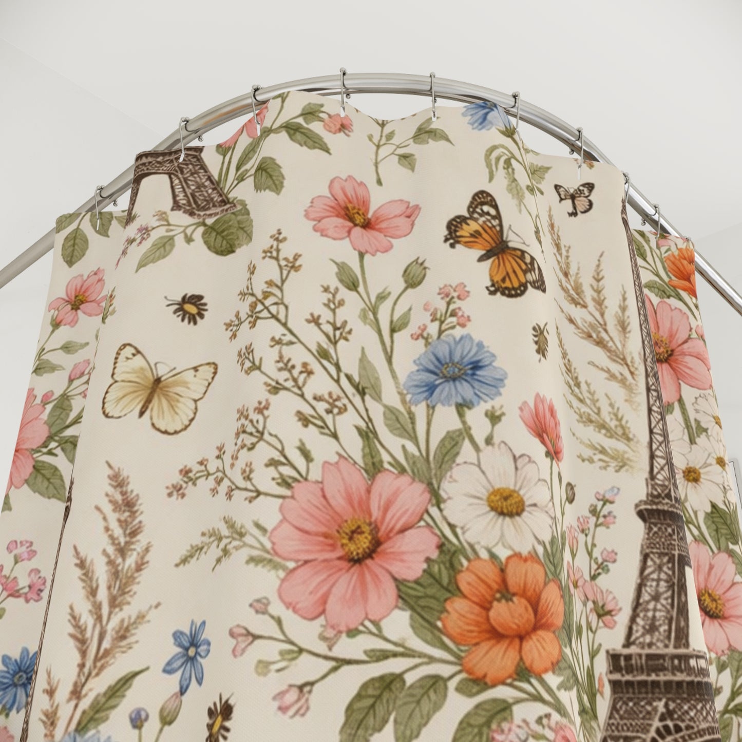 Boho Wildflower Eiffel Tower Shower Curtain — French Floral Bathroom Decor