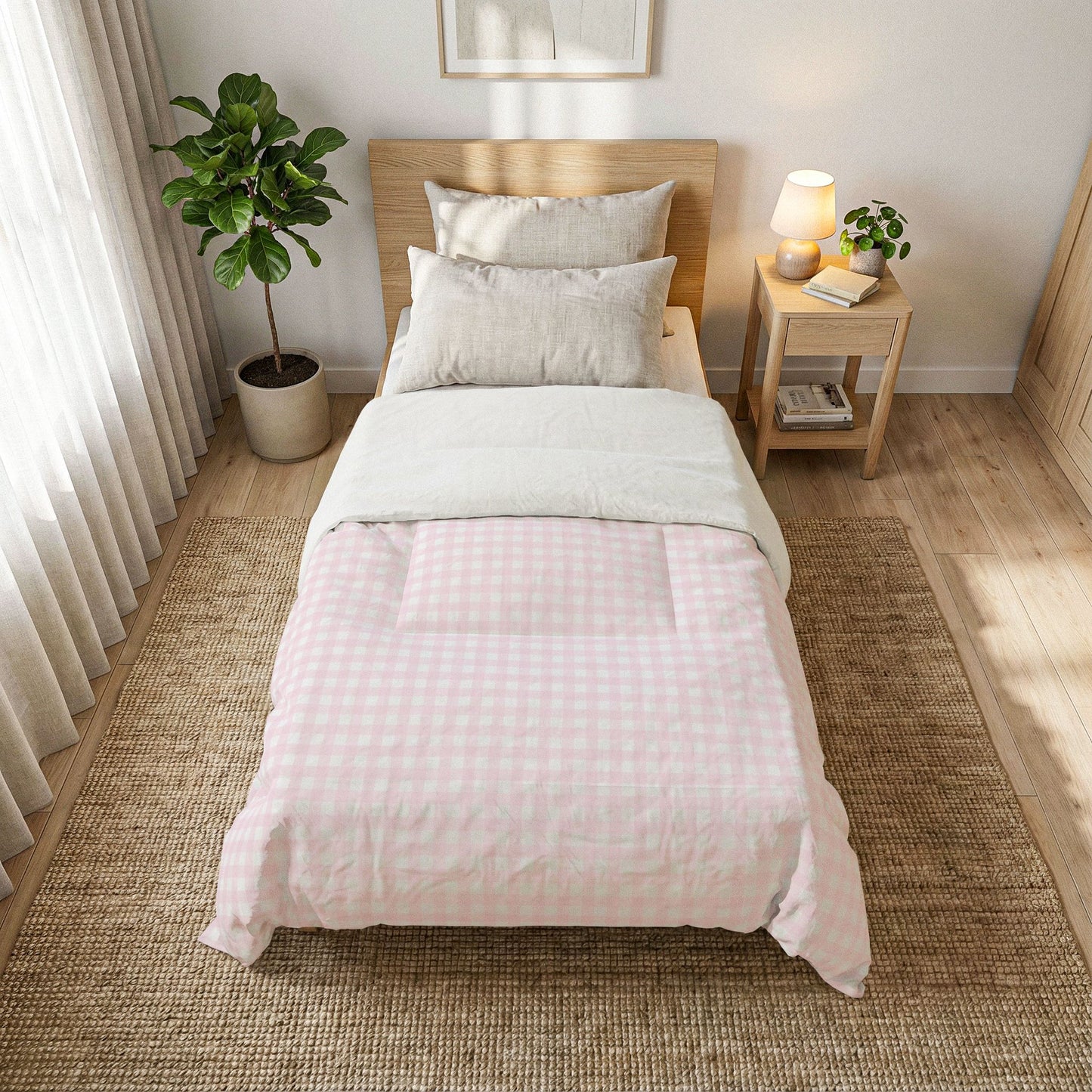 Pink Watercolor Gingham Cotton Comforter — Soft Check Pattern Bedspread