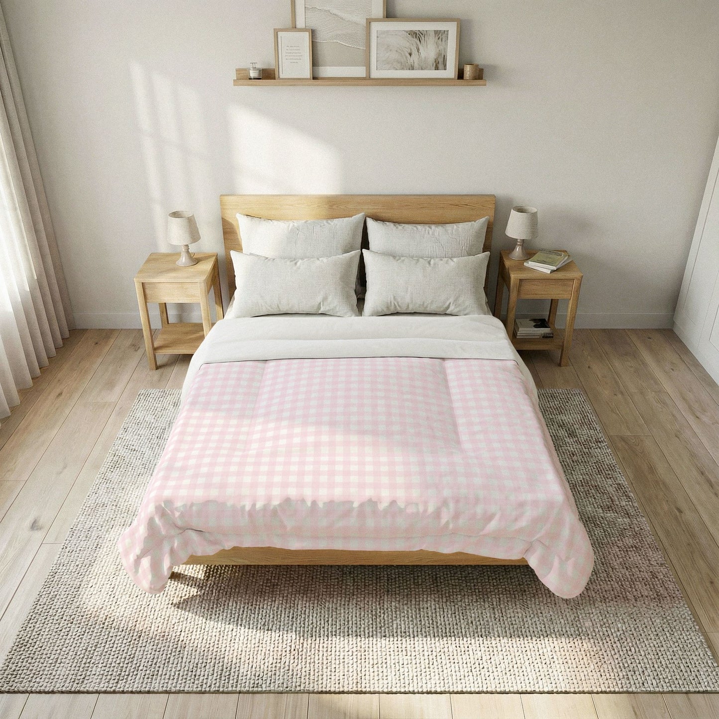 Pink Watercolor Gingham Cotton Comforter — Soft Check Pattern Bedspread
