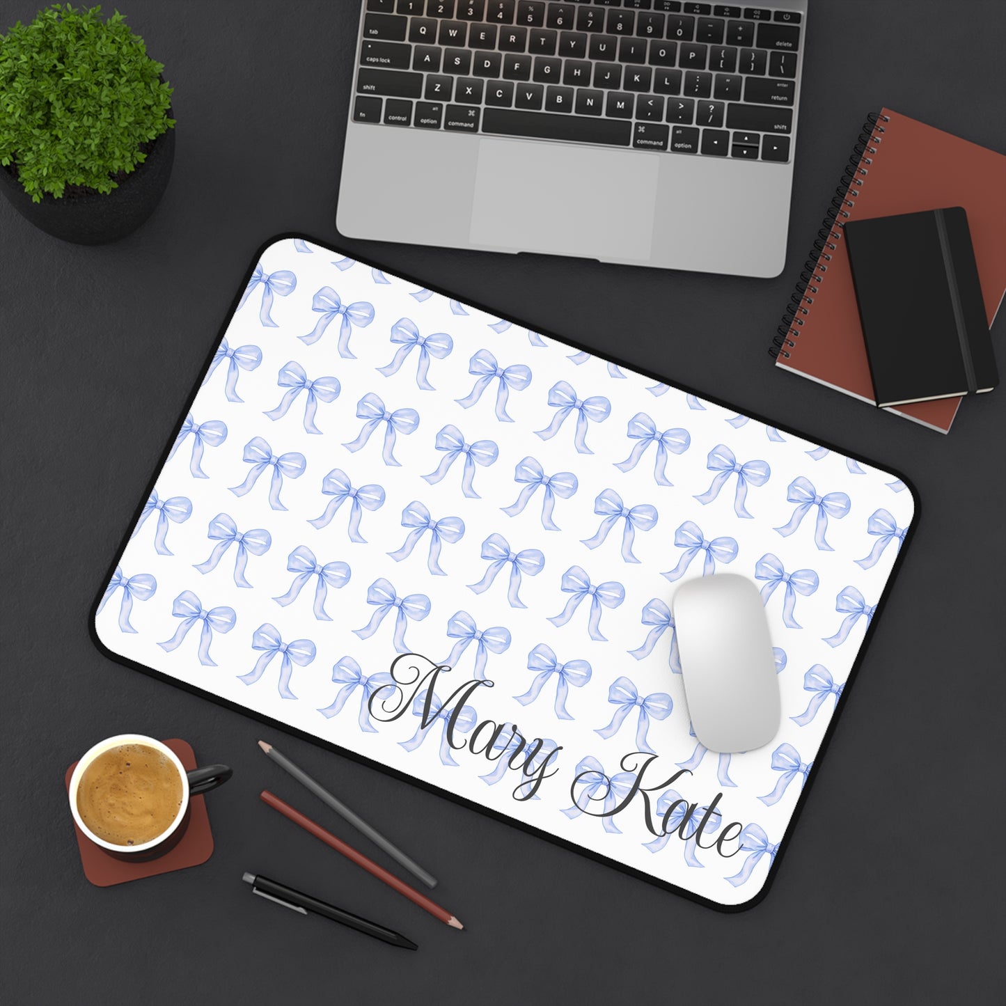 Personalized Desk Mat, Blue Bows