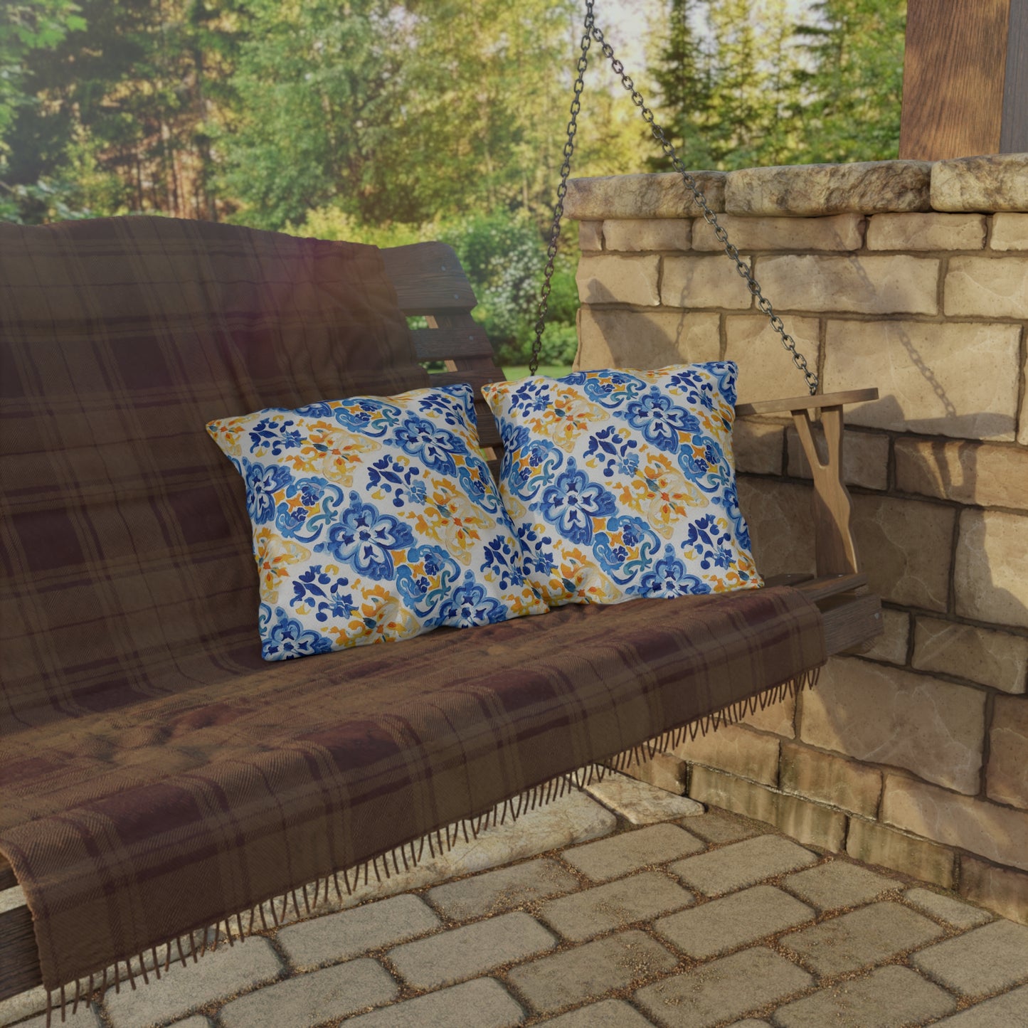 Blue and Yellow Mosaic Watercolor Floral Outdoor Pillows