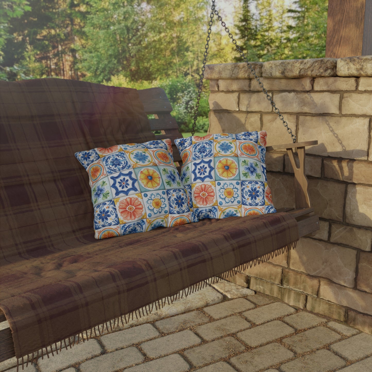 Bright Multicolor Abstract Tile Mosaic Outdoor Pillows