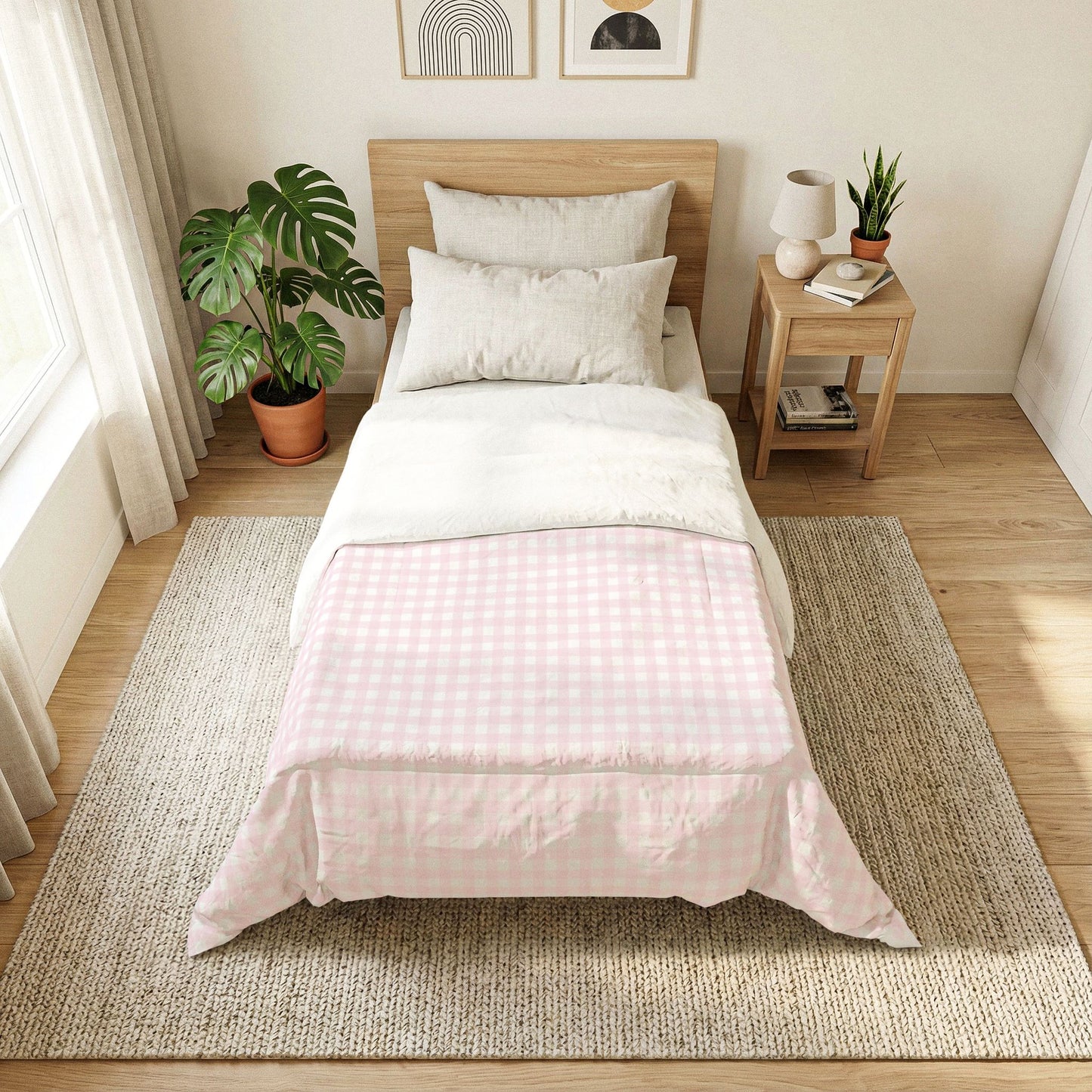 Pink Watercolor Gingham Cotton Comforter — Soft Check Pattern Bedspread