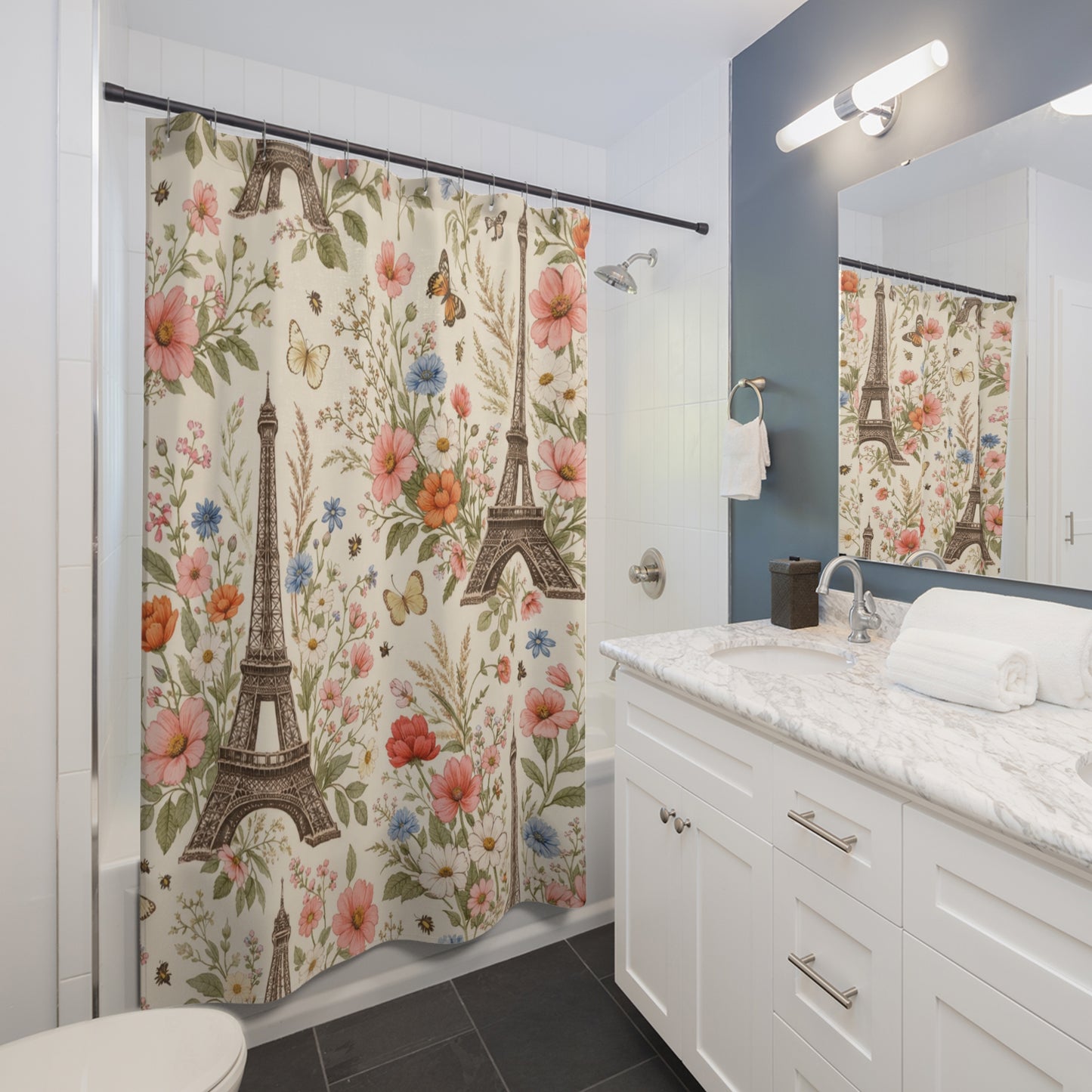 Boho Wildflower Eiffel Tower Shower Curtain — French Floral Bathroom Decor