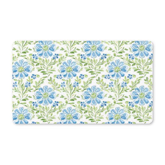 Soft Blue & Green Watercolor Floral Doormat | Botanical Welcome Mat | Elegant Coastal Front Porch Rug