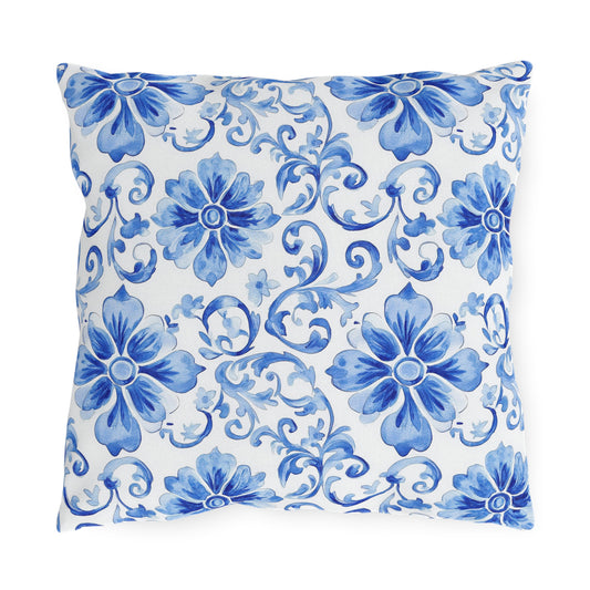 Blue Chinoiserie Floral Outdoor Pillows | Classic Garden Toss Cushion