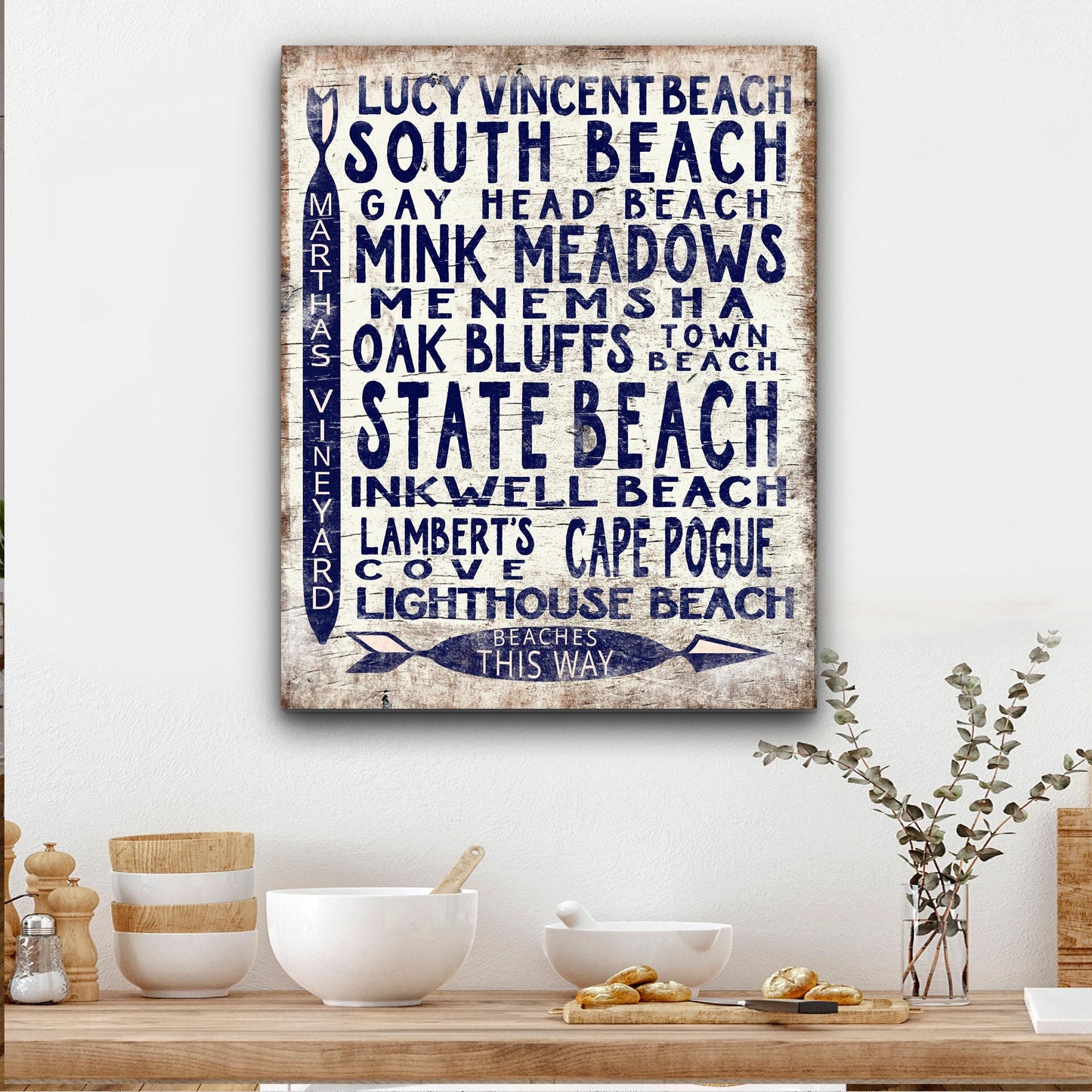 Martha's Vineyard Beaches Sign - Vintage Wood Look Vineyard Arrow Sign