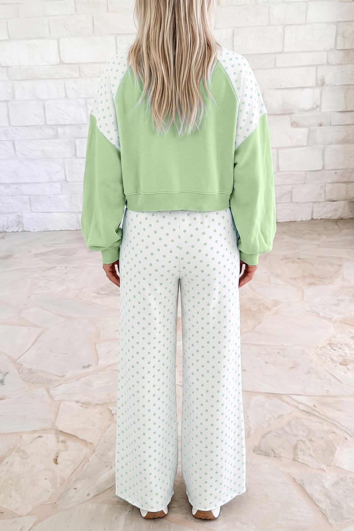 Pink Polka Dot Patchwork Colorblock Long Sleeve Casual Two Piece Pants Set