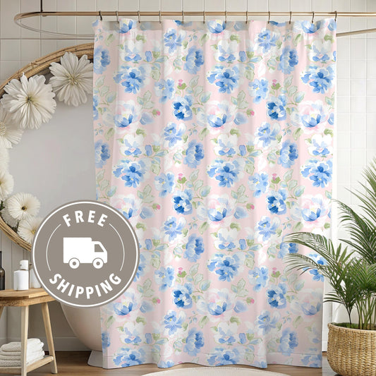 Custom Shower Curtain, Floral Pink and Blue