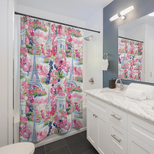 Custom Shower Curtain, Pink Florals Eiffel Tower