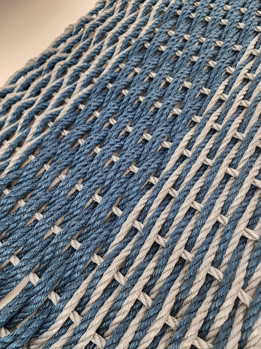 Large Navy Blue and Light Gray Lobster Rope Mat made with Lobster Rope, Double Weave, Vibrant, Long Lasting Durable