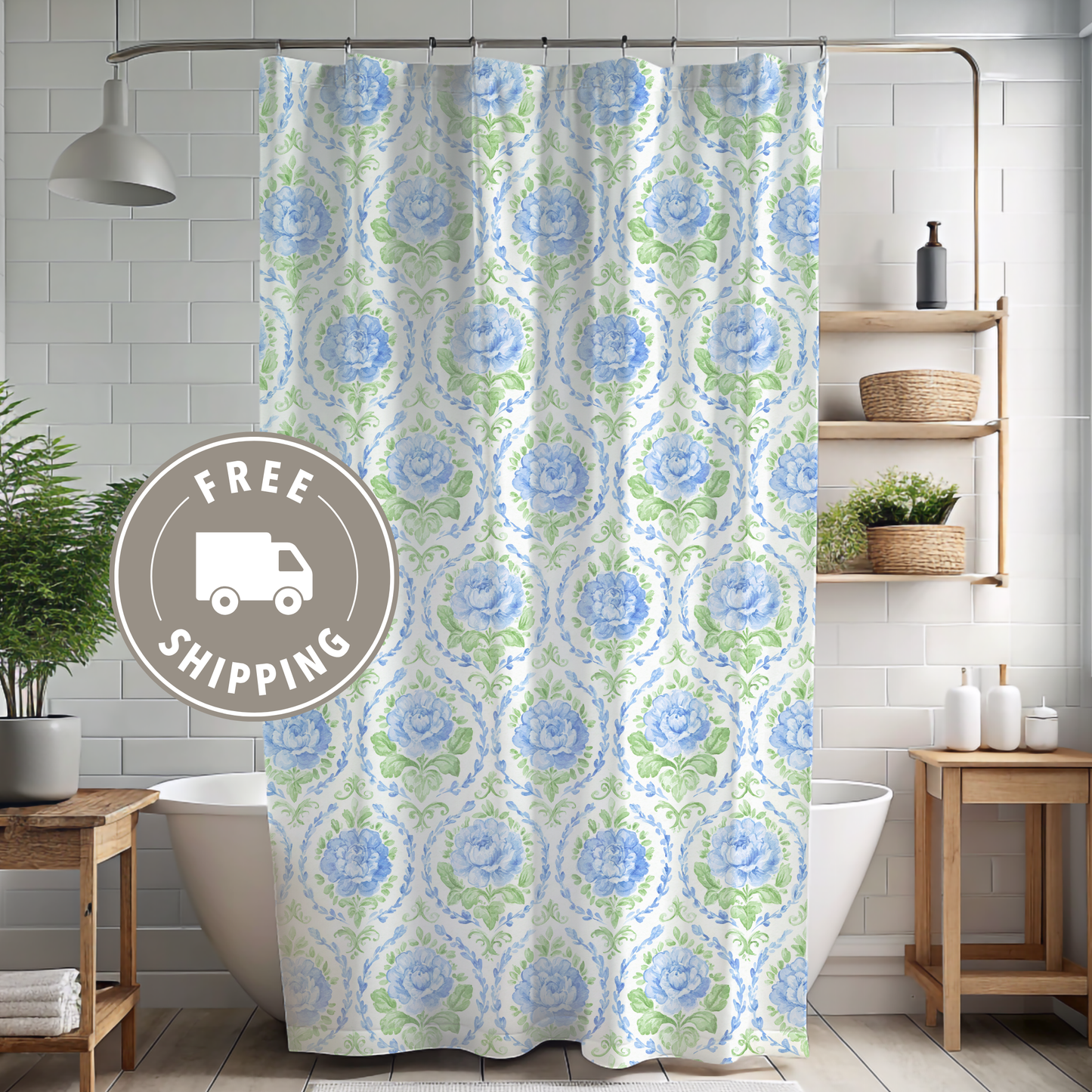 Blue Floral Damask Shower Curtain | Watercolor Rose Pattern