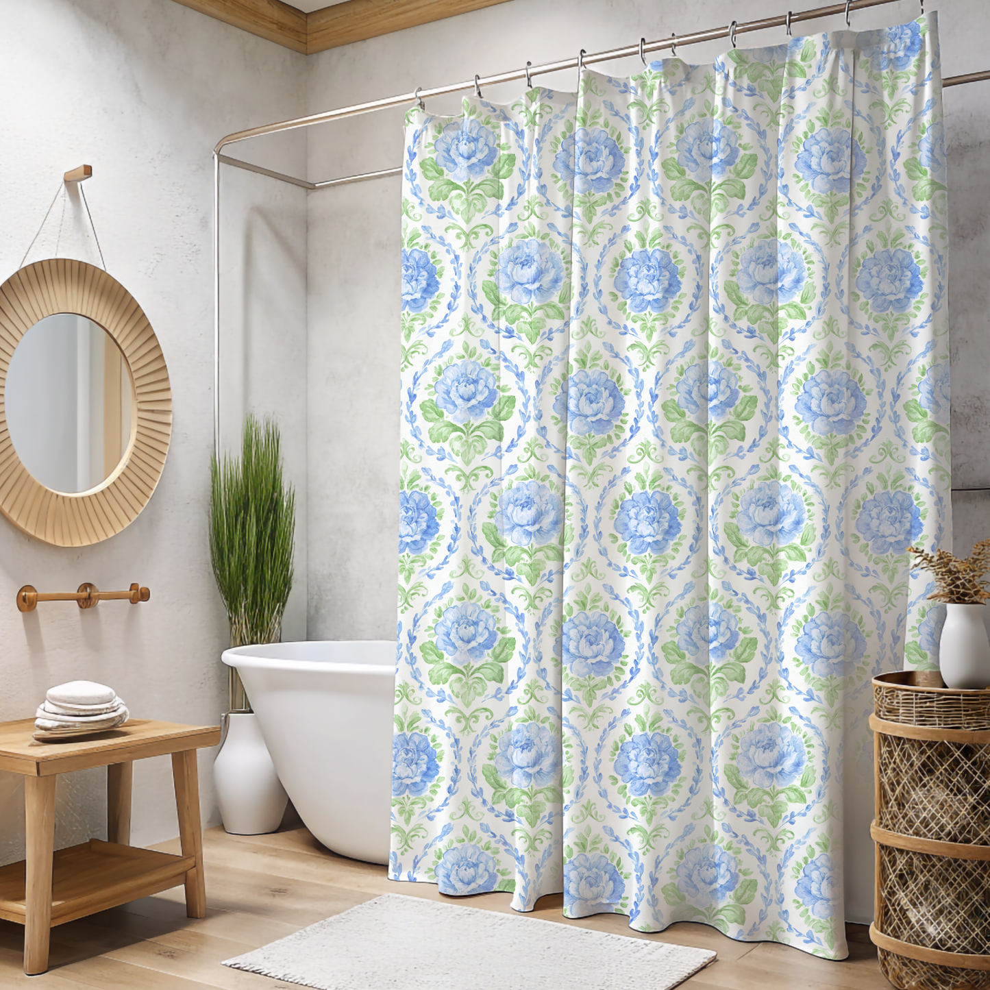 Blue Floral Damask Shower Curtain | Watercolor Rose Pattern