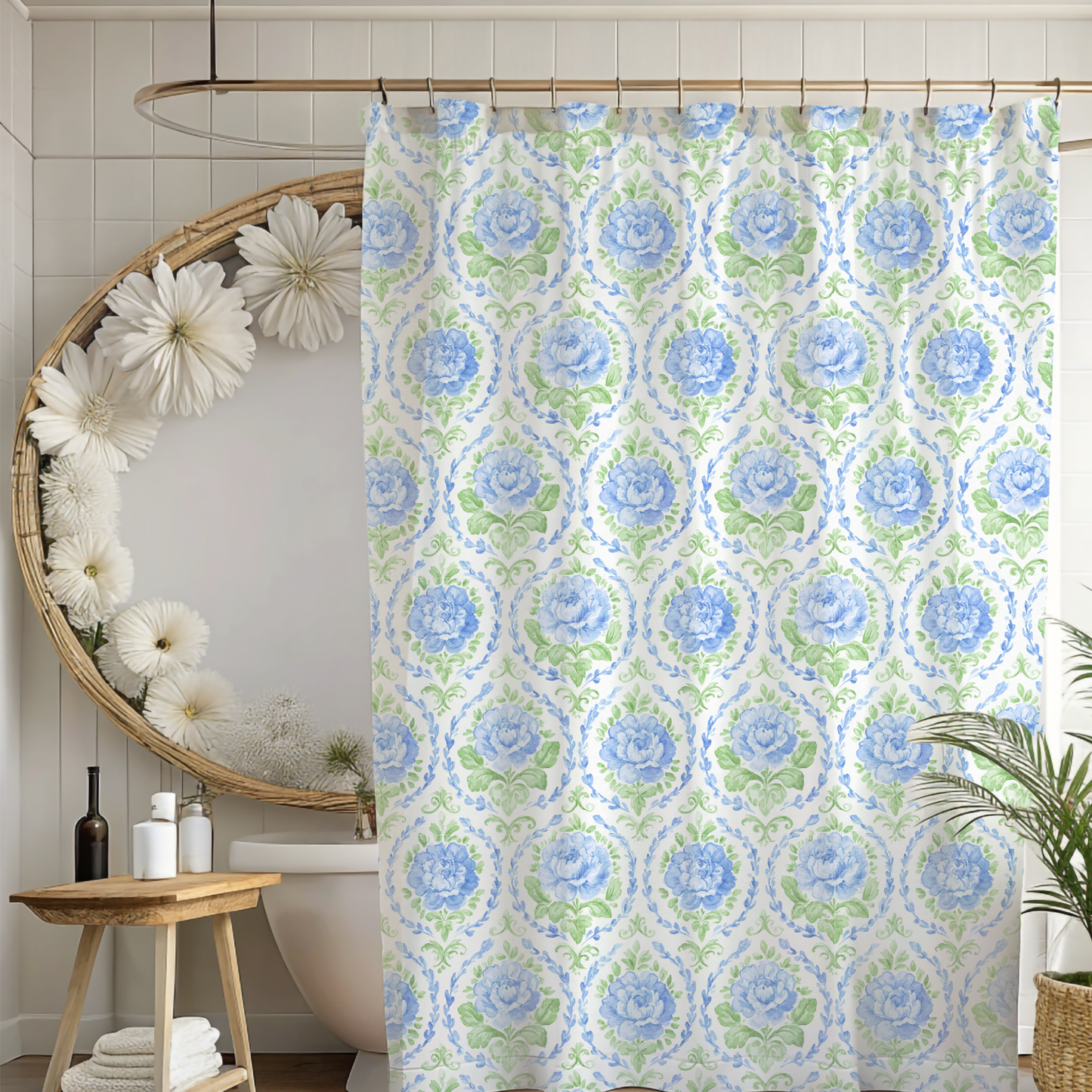 Blue Floral Damask Shower Curtain | Watercolor Rose Pattern