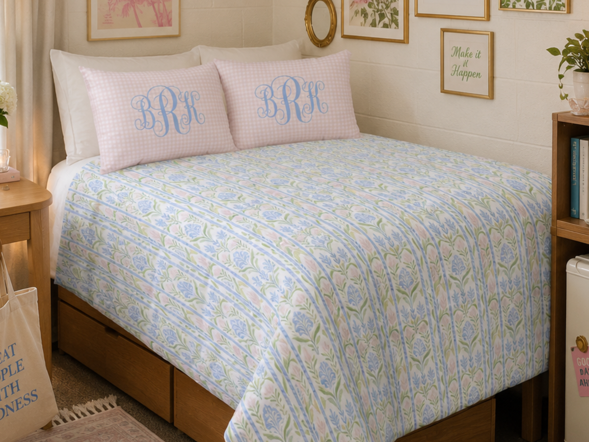 Blue Floral Cotton Duvet Cover Set with Pink Gingham Shams | Teen Girl Bedding