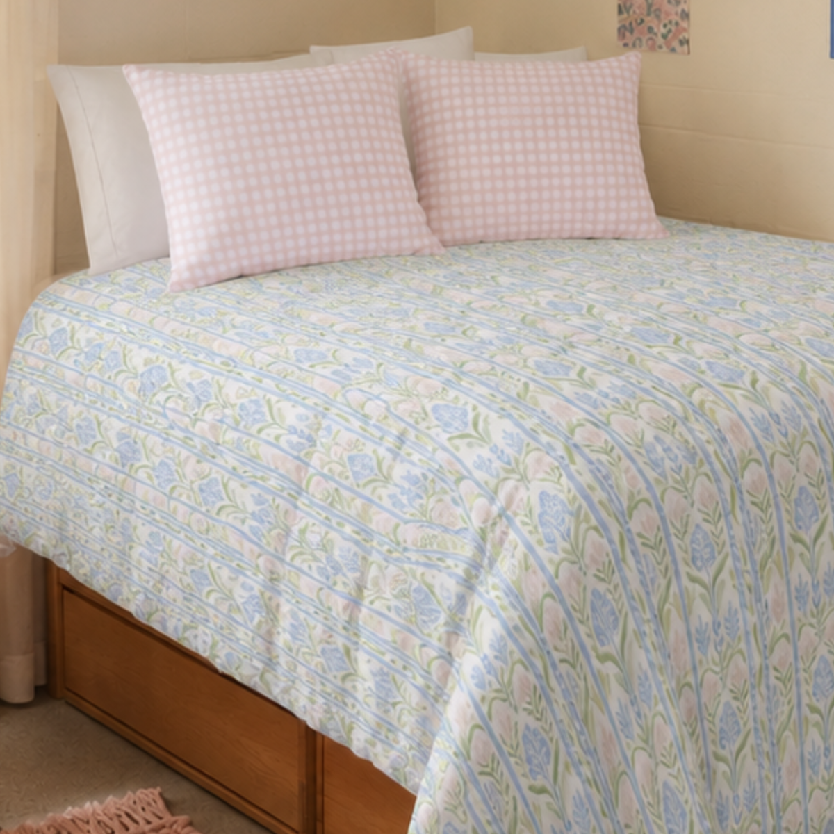 Blue Floral Cotton Duvet Cover Set with Pink Gingham Shams | Teen Girl Bedding