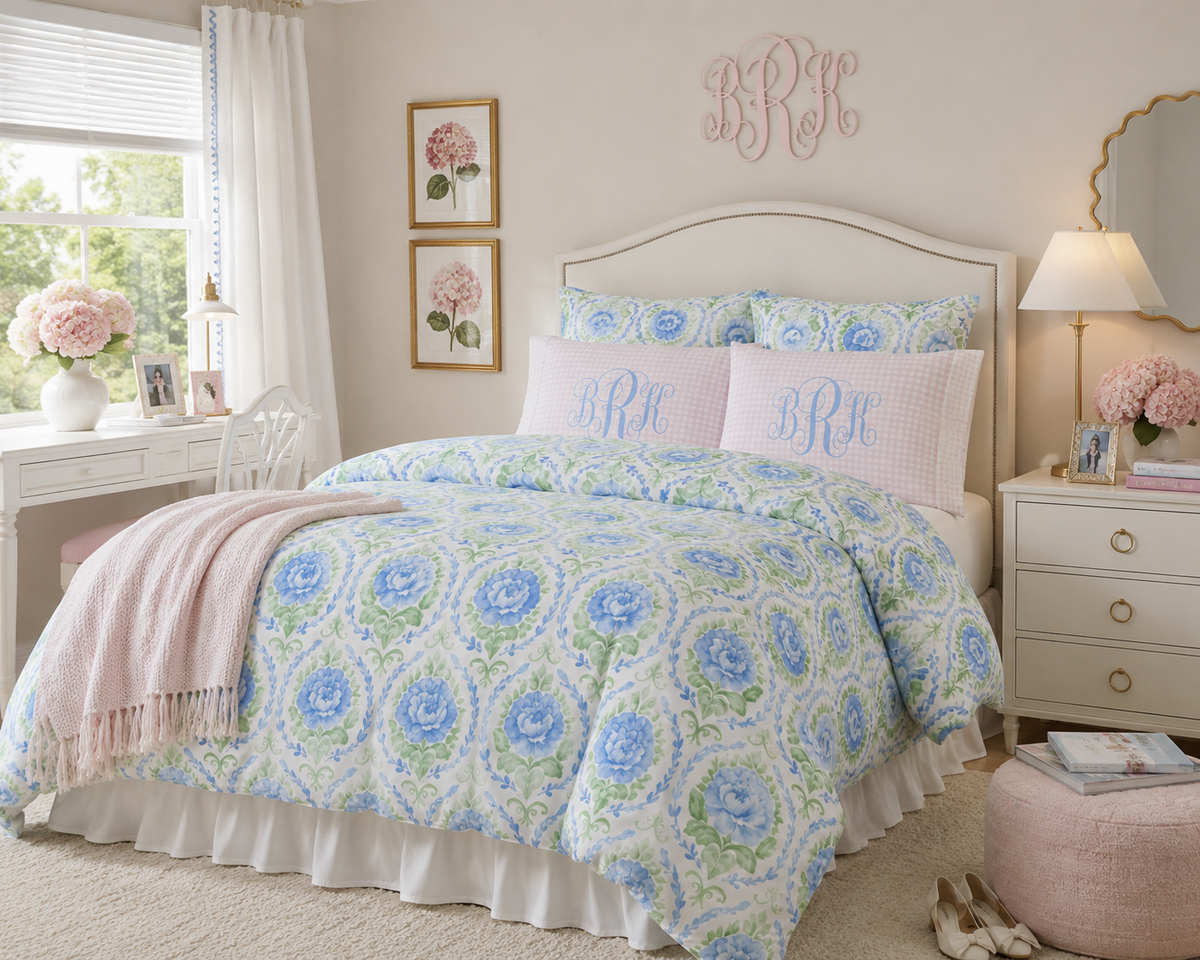 Blue Floral Cotton Duvet Cover Set with Pink Gingham Shams | Teen Girl Bedding | Twin XL Dorm Room Decor | Cottagecore Bedding