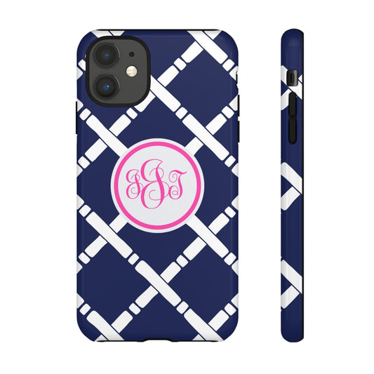 Custom Phone Case, Navy and White Lattice Monogram
