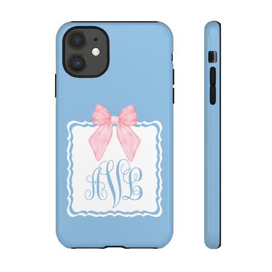 Custom Phone Case, Baby Blue with Pink Bow Monogram