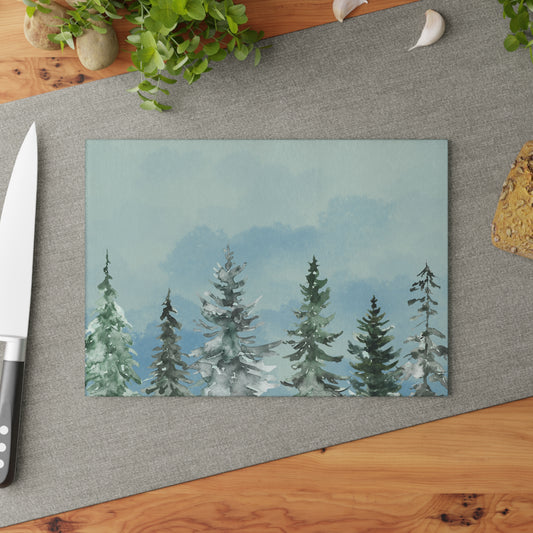 Watercolor Pine Forest Glass Cutting Board | Evergreen Tree Kitchen Decor