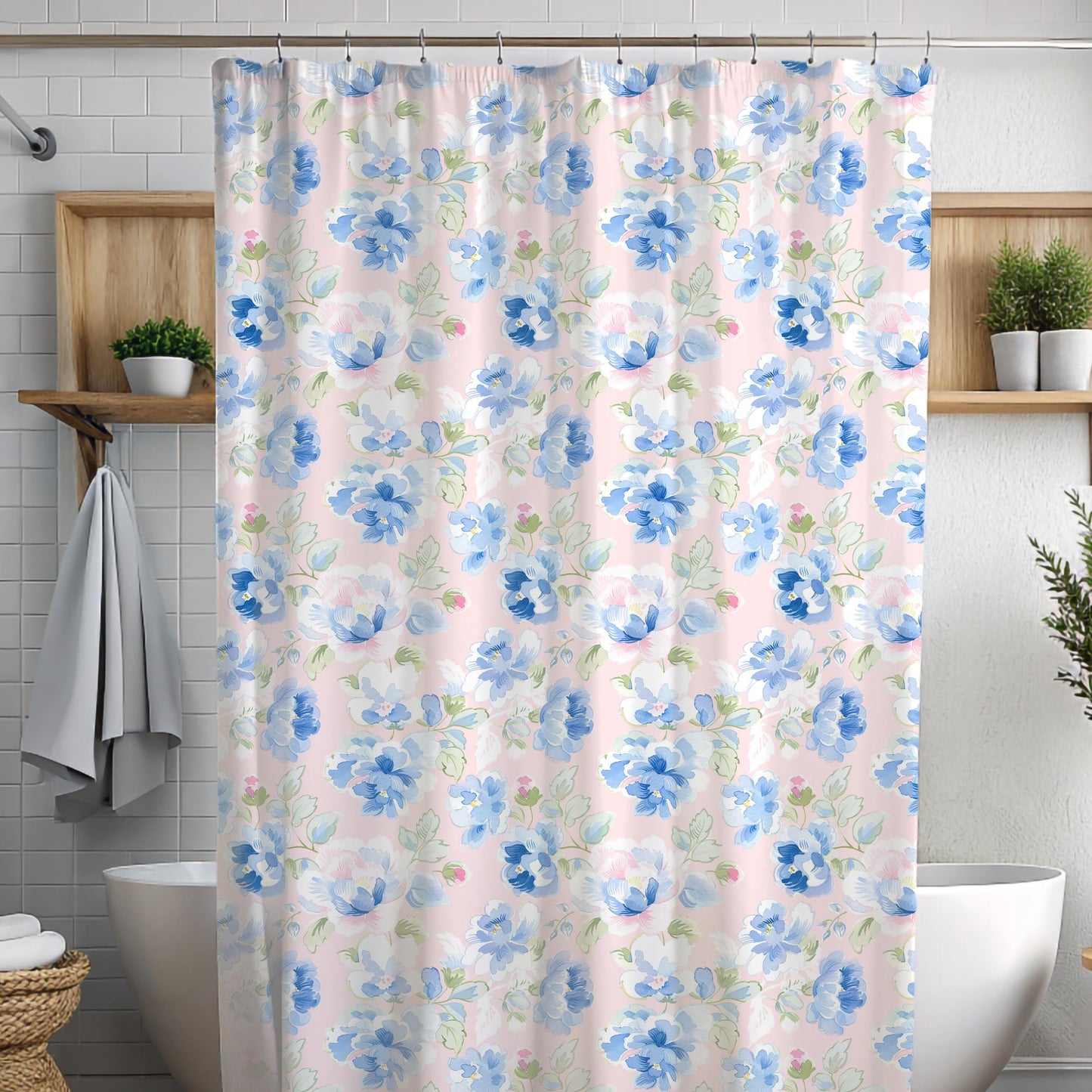 Custom Shower Curtain, Floral Pink and Blue