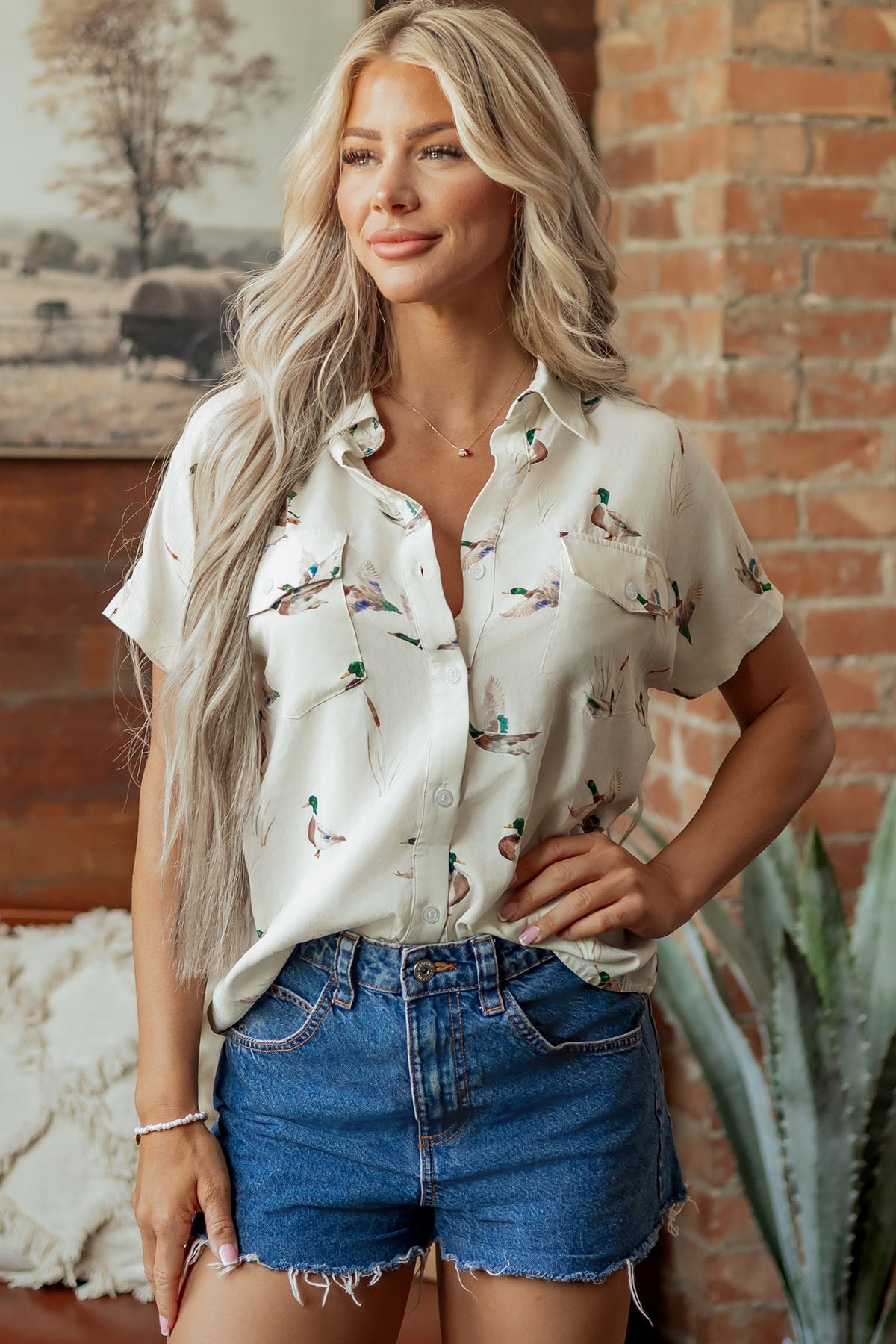 White Mallard Printed Button Flap Pocket Short Sleeve Shirt