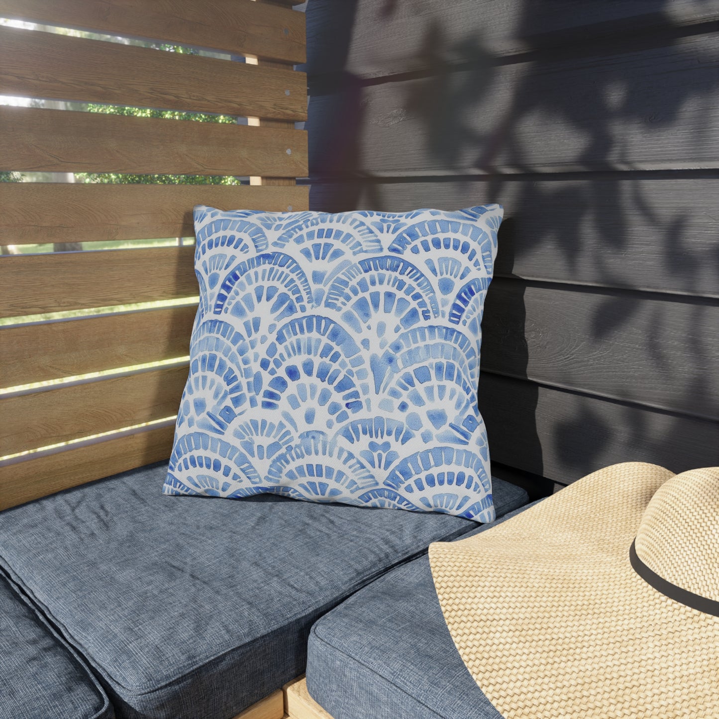 Blue White Watercolor Nautical Seashell Outdoor Pillows