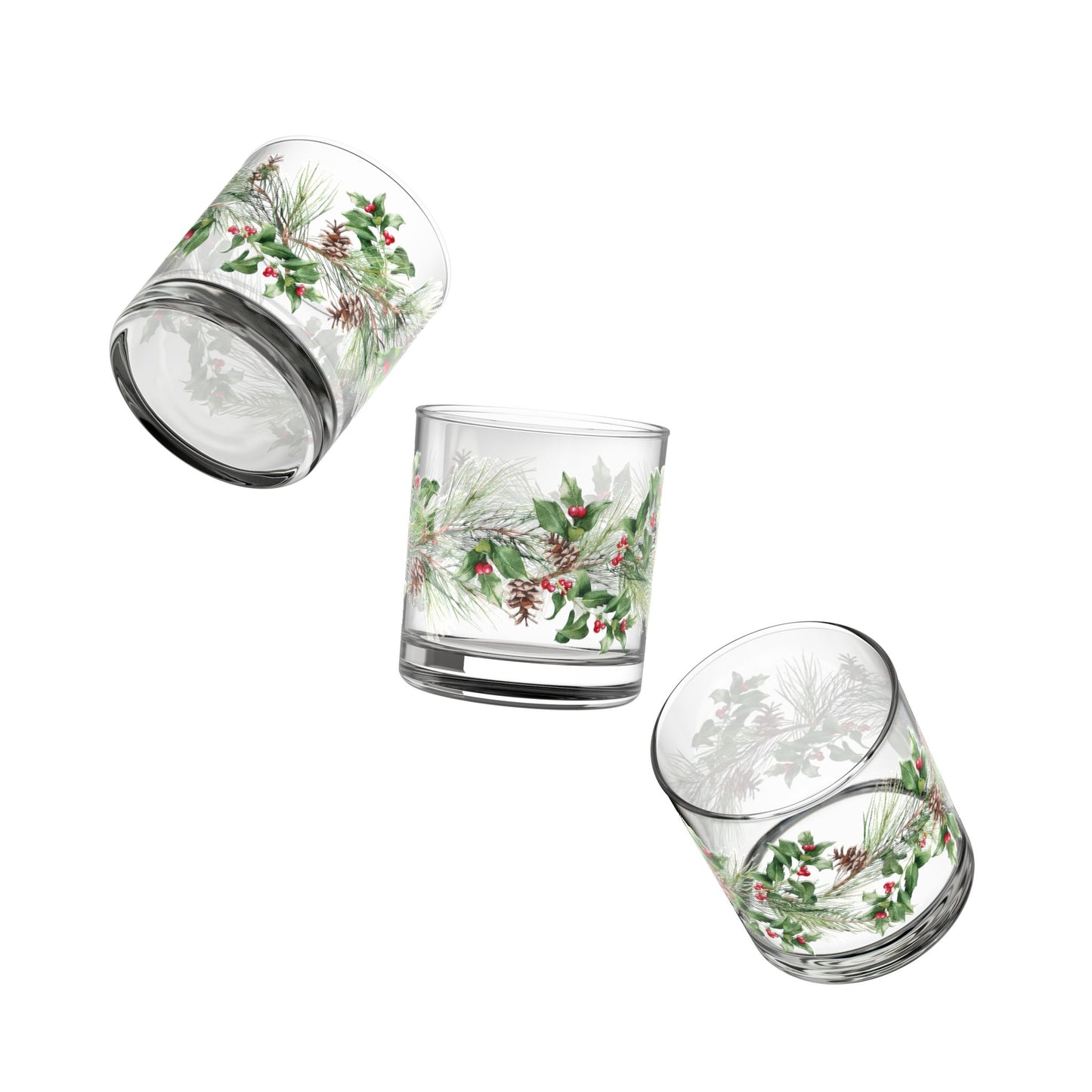 Holiday Pine & Holly Rocks Glass — 10oz Christmas Whiskey Tumbler