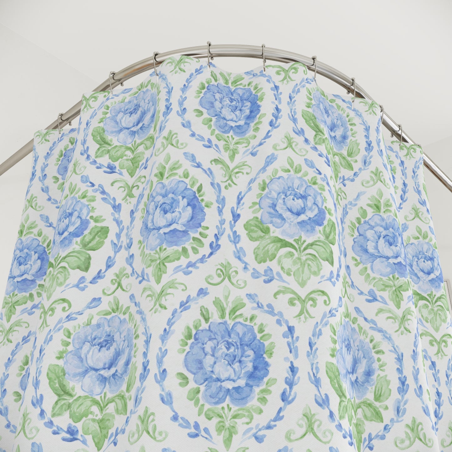 Blue Floral Damask Shower Curtain | Watercolor Rose Pattern