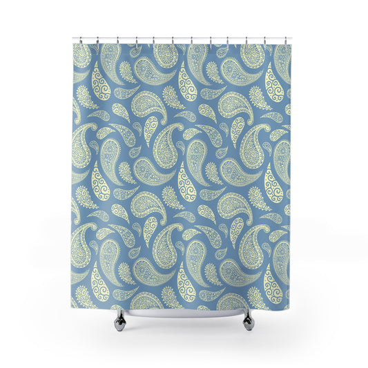 Blue White Paisley Shower Curtain — Elegant Boho Bathroom Decor