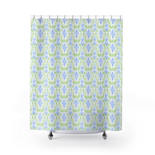 Blue-Green Watercolor Floral Shower Curtain — Soft Botanical Bath Decor