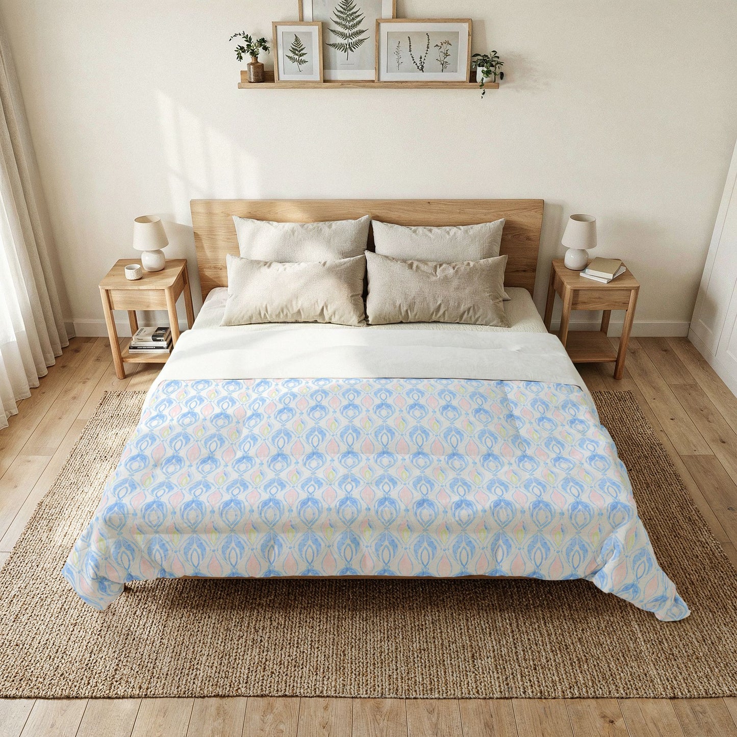 Coquette Watercolor Damask Cotton Comforter — Feminine Floral Bedroom Quilt