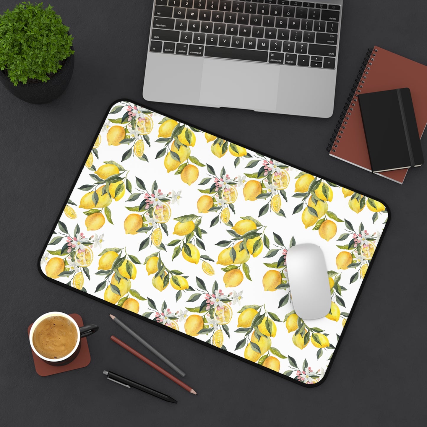 Floral Lemon Desk Mat — Botanical Citrus Desk Pad