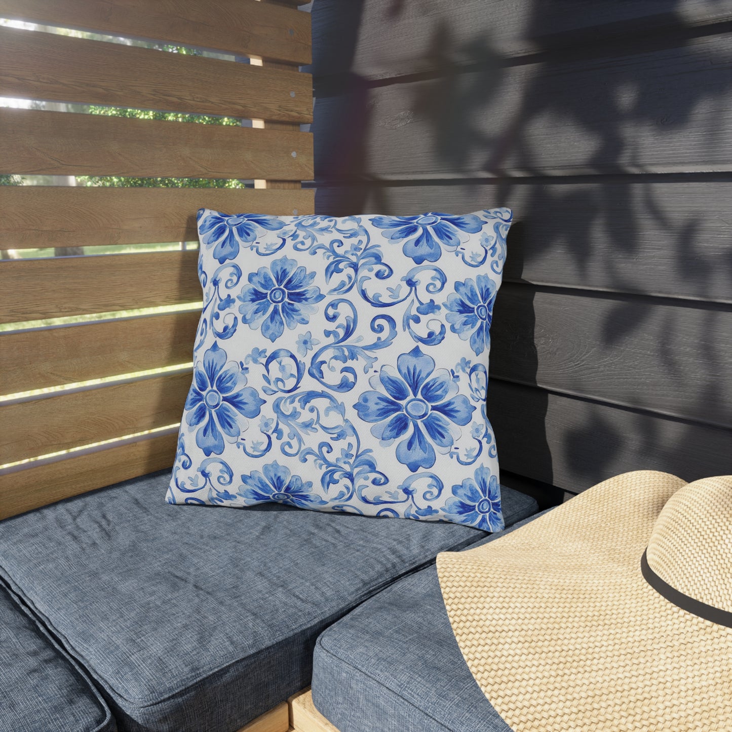 Blue Chinoiserie Floral Outdoor Pillows | Classic Garden Toss Cushion