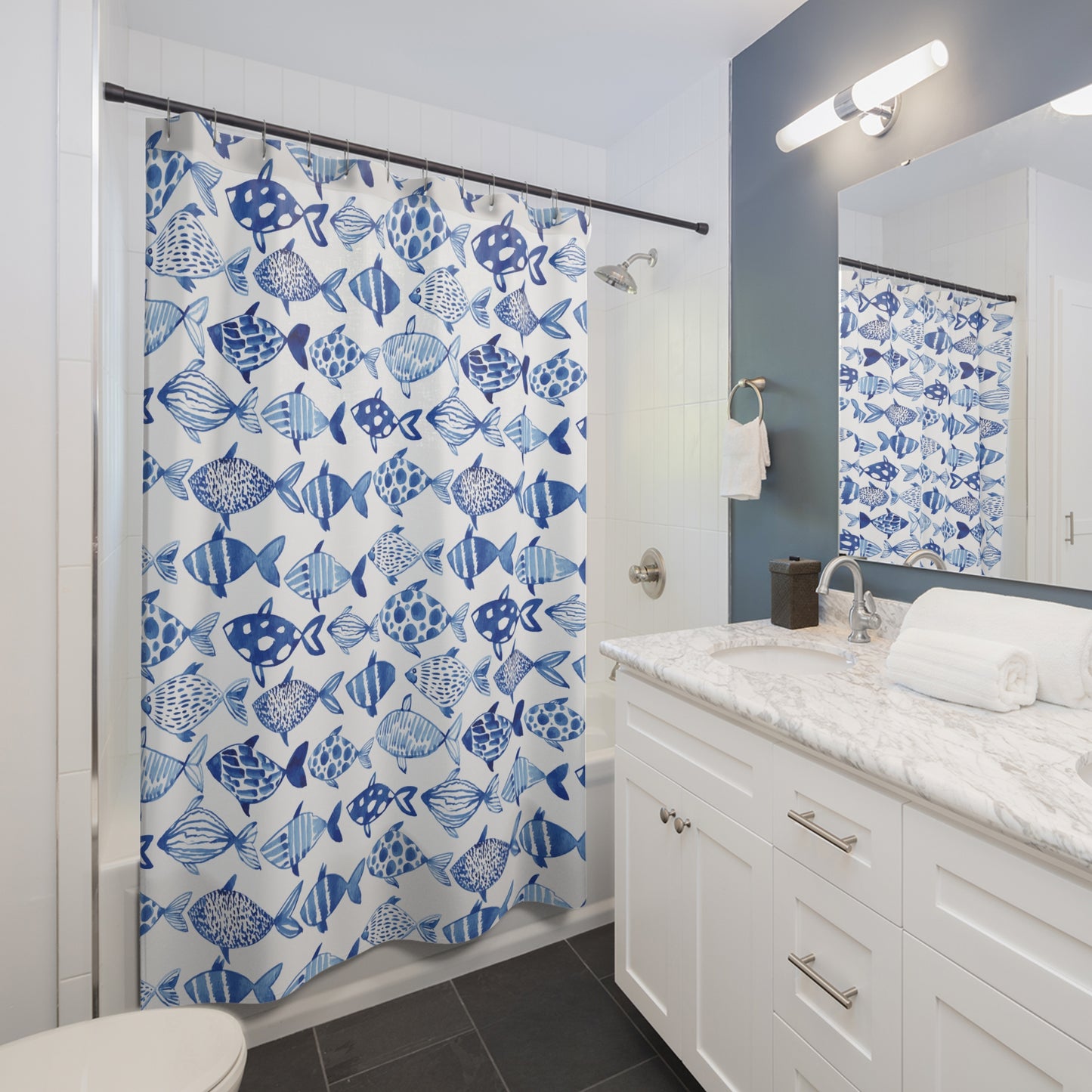 Coastal Blue & White Fish Shower Curtain — Nautical Beach Bathroom Decor