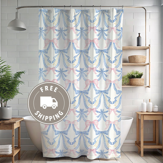 Custom Shower Curtain, Pink and Blue Bows