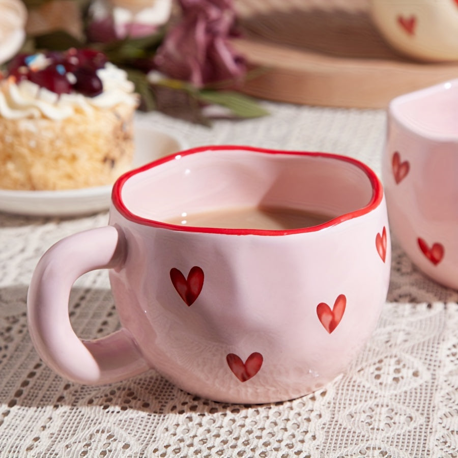 Pink & White Heart Ceramic Coffee Mug with Red Heart Rim