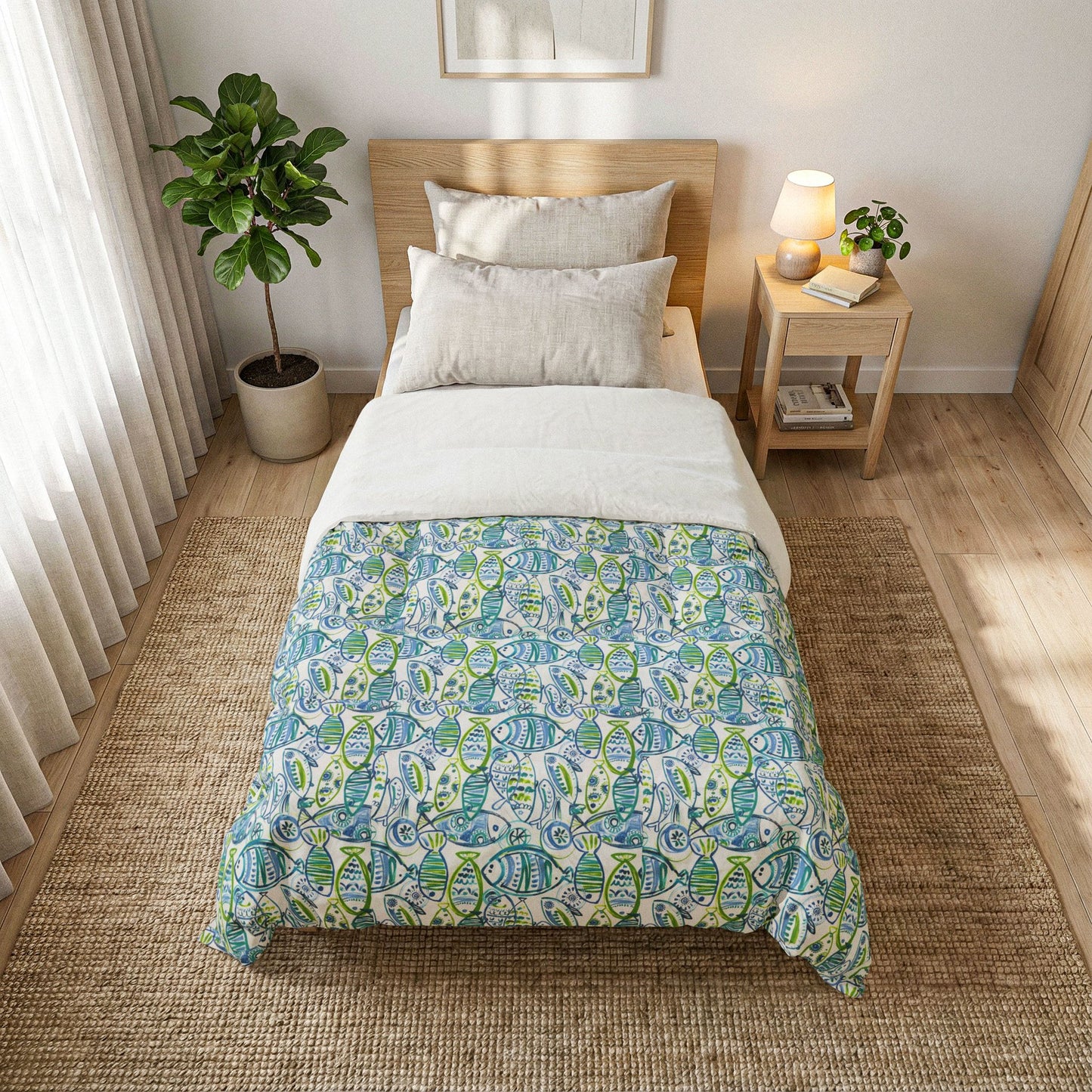 Beach House Cotton Comforter — Green & Blue Abstract Fish Design