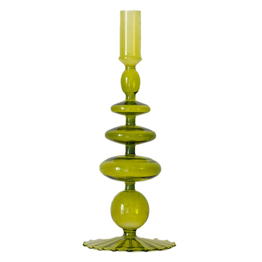 Olive Green Glass Candlestick Holders | Vintage Taper Candle Centerpieces