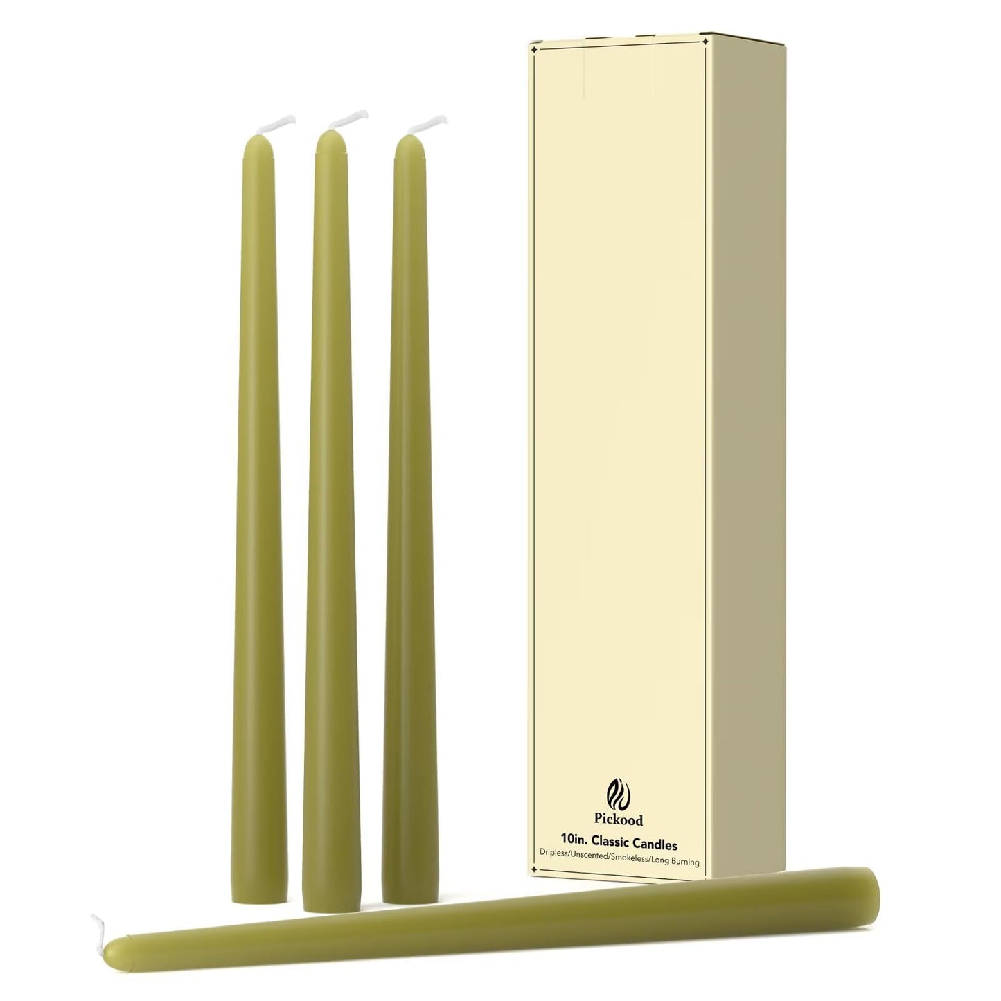 Olive Green Dripless Taper Candles 10" – Set of 4 Smokeless & Unscented