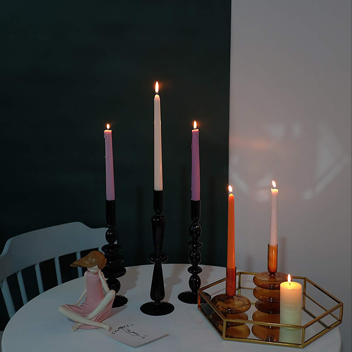 Olive Green Glass Candlestick Holders | Vintage Taper Candle Centerpieces