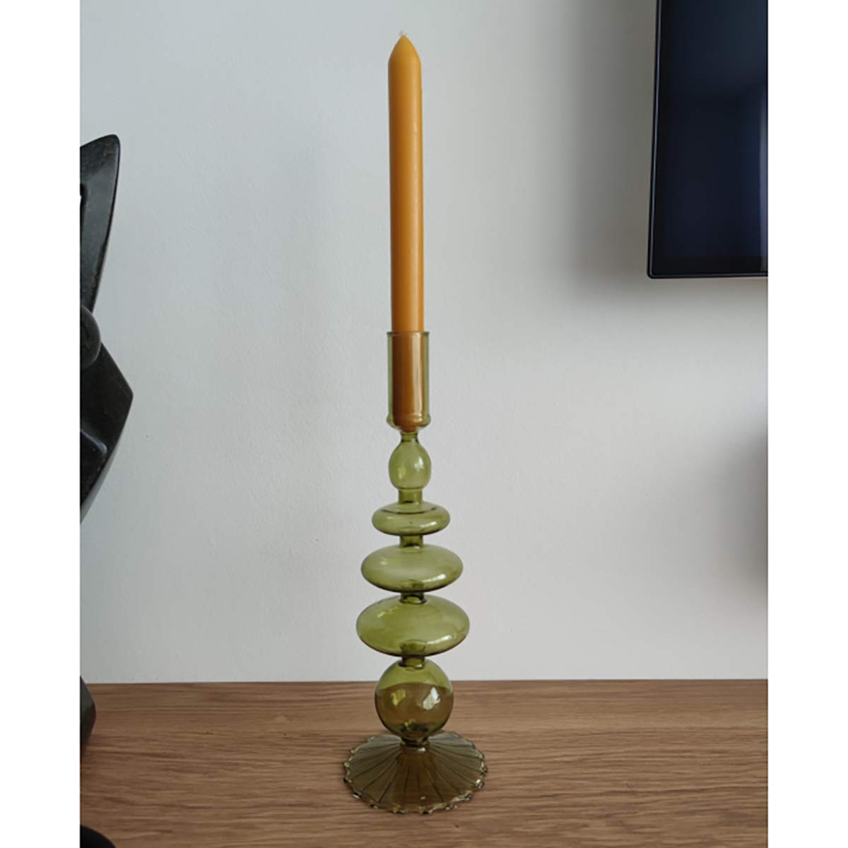 Olive Green Glass Candlestick Holders | Vintage Taper Candle Centerpieces