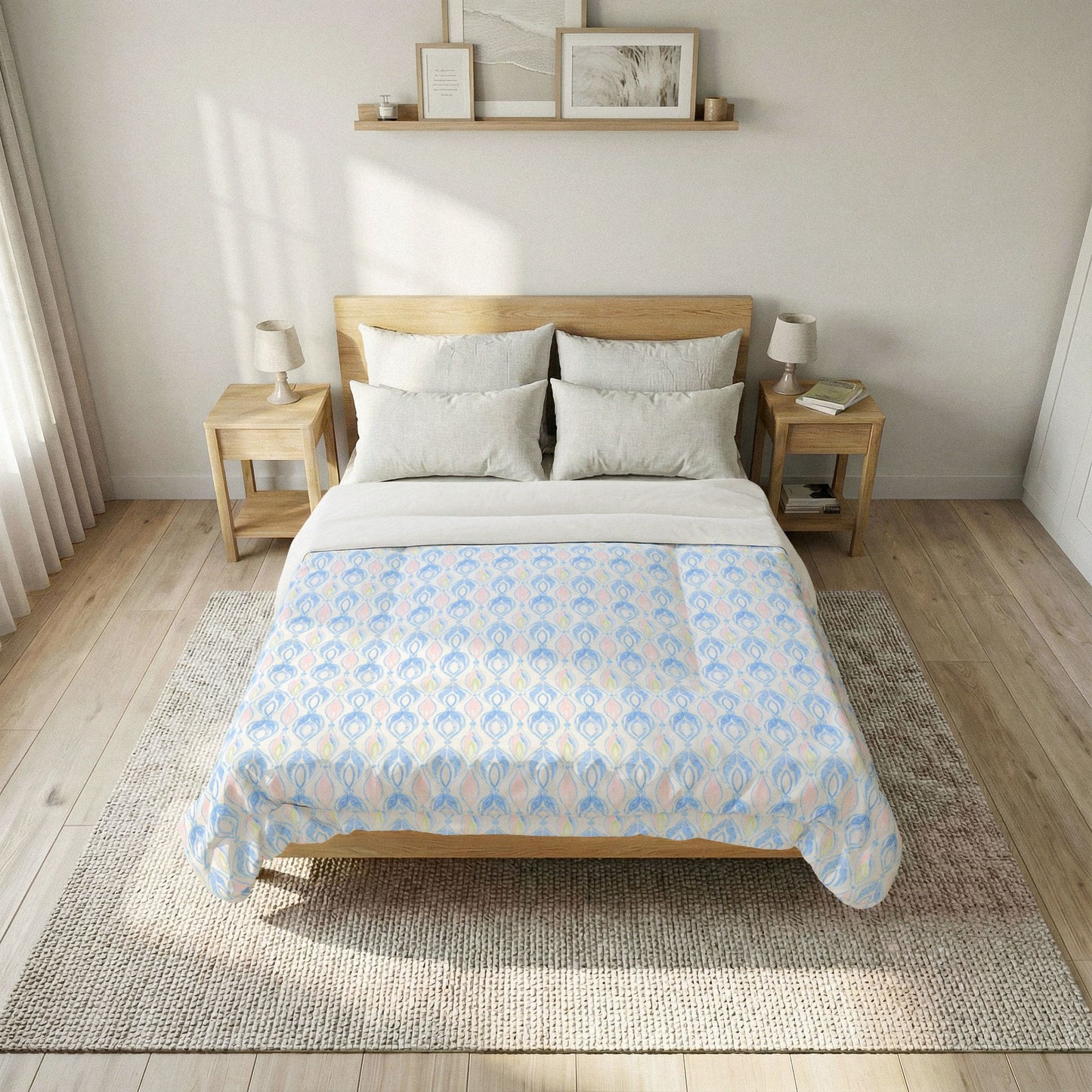 Coquette Watercolor Damask Cotton Comforter — Feminine Floral Bedroom Quilt