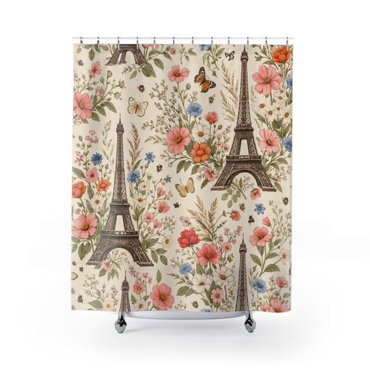 Boho Wildflower Eiffel Tower Shower Curtain — French Floral Bathroom Decor