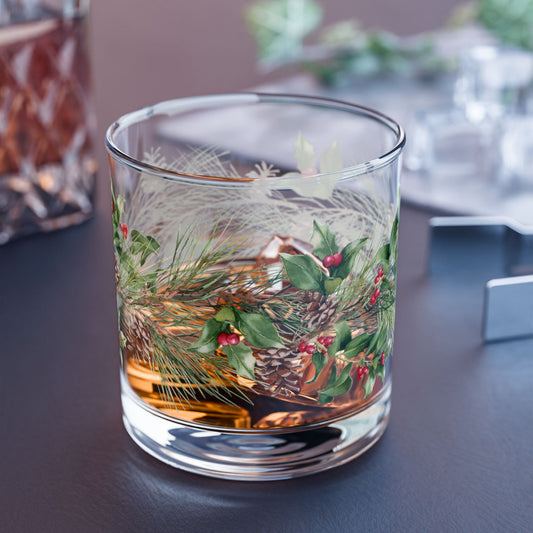 Holiday Pine & Holly Rocks Glass — 10oz Christmas Whiskey Tumbler