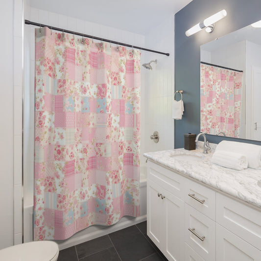 Custom Shower Curtain, Pink Patchwork Printed Quilt