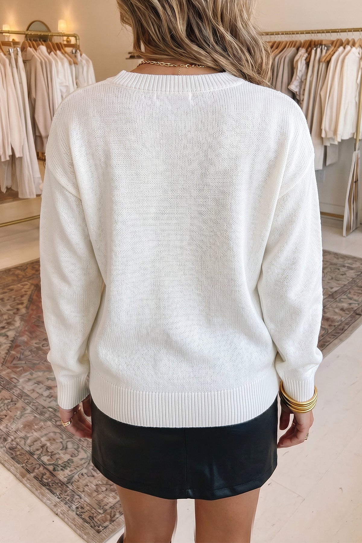 White Wild Mallard Drop Shoulder Round Neck Long Sleeve Pullover Sweater
