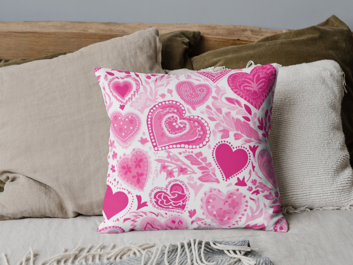 Custom Throw Pillow, Pink Hearts