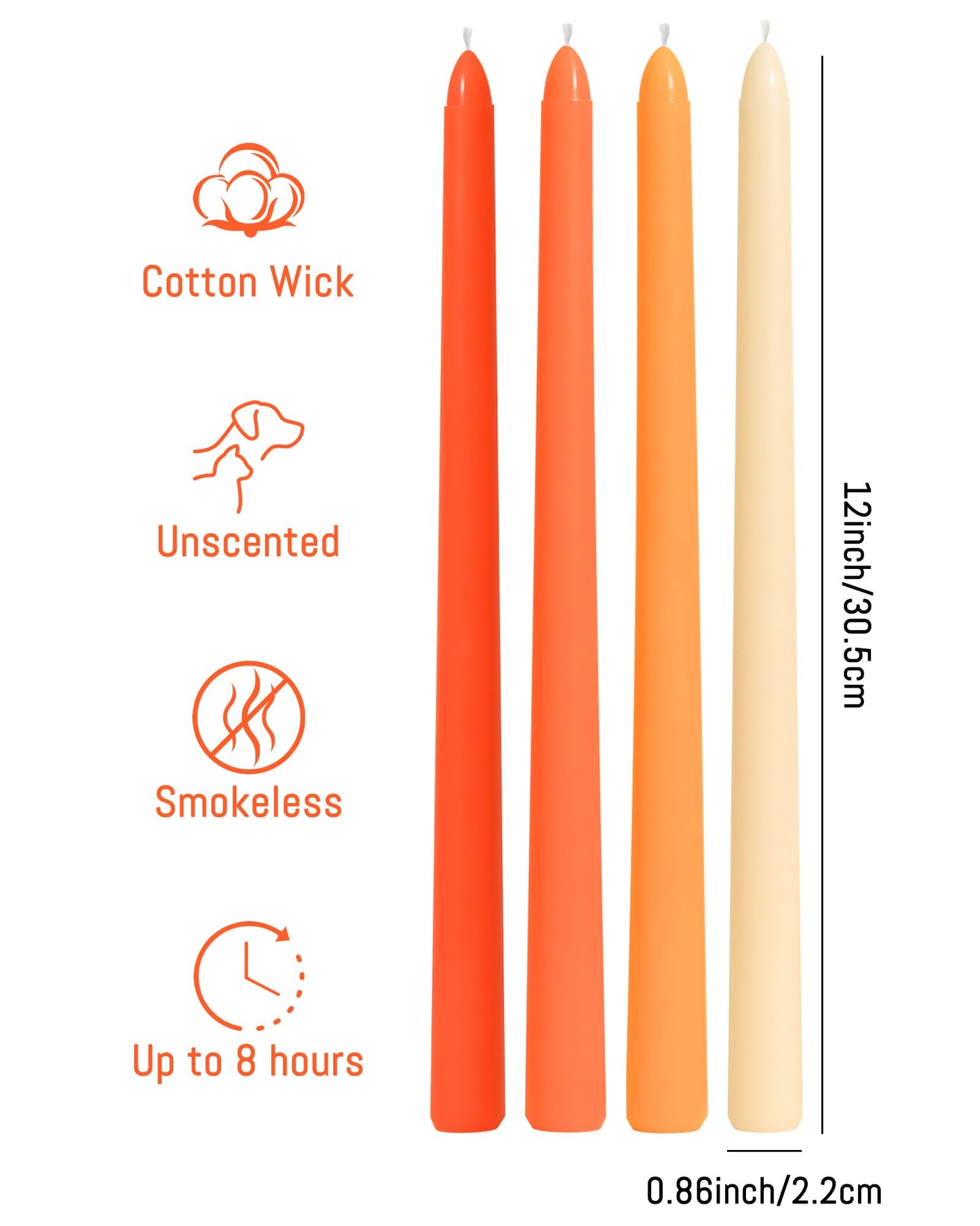 Orange Taper Candles 12" – 4‑Pack Unscented, Smokeless