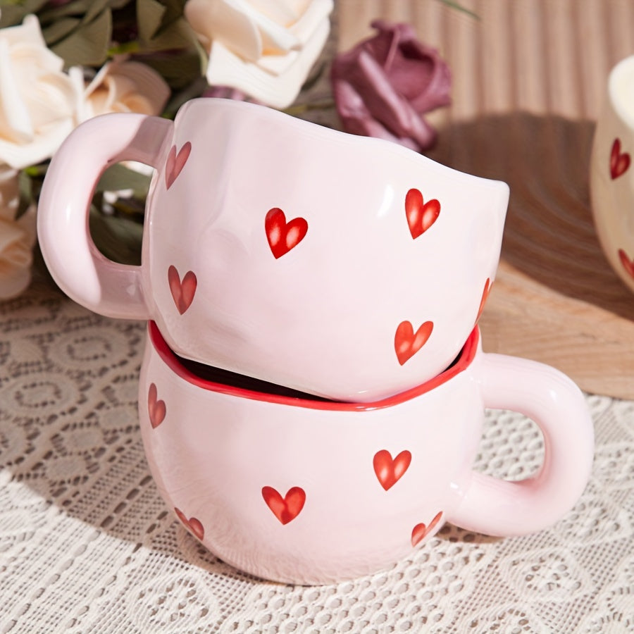 Pink & White Heart Ceramic Coffee Mug with Red Heart Rim